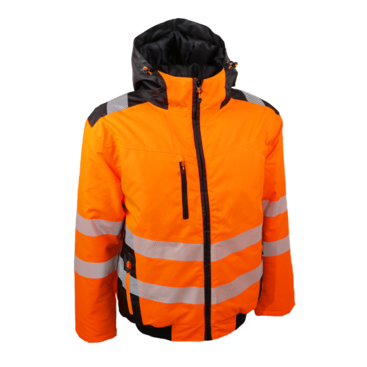 Bergo Jól láthatósági pilóta jellegű kabát, 3 paneles kapucnival flou narancs