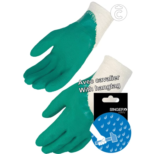 Latex kesztyú  varrot pamut kézháttal 3/4 mártva, Akasztós