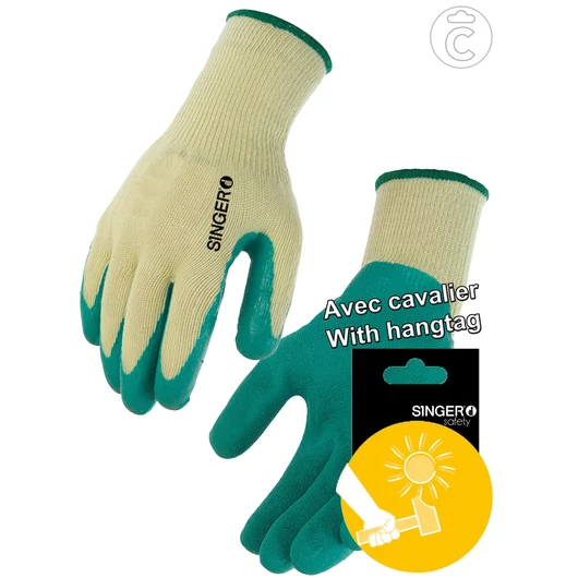 Latex krepp bevonatú tenyérben mártott pamut kesztyű szellőző kézhát zöld/sárga szín, Akasztós