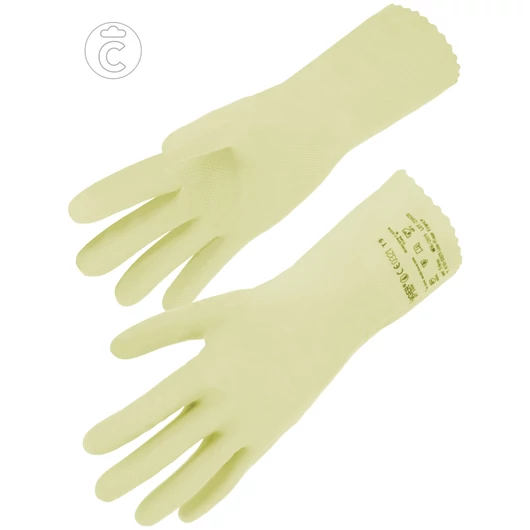 Vegyi védelemre minősített Latex kesztyű bolyhos pamut belsővel sárga szín 28cm hosszú
