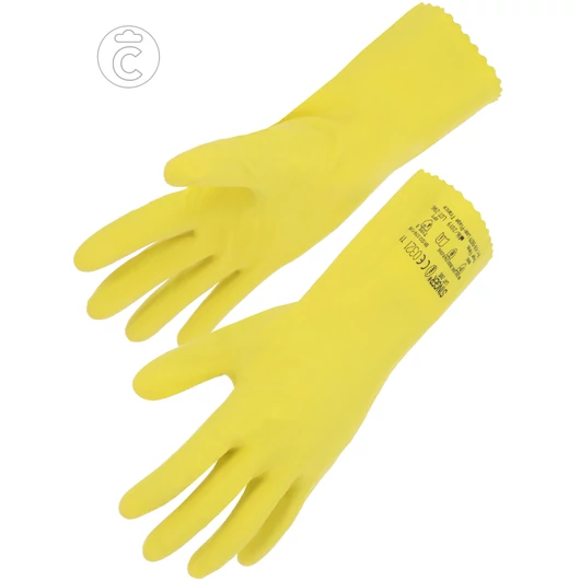 Vegyi védelemre minősített Latex kesztyű bolyhos pamut belsővel sárga szín 30cm hosszú