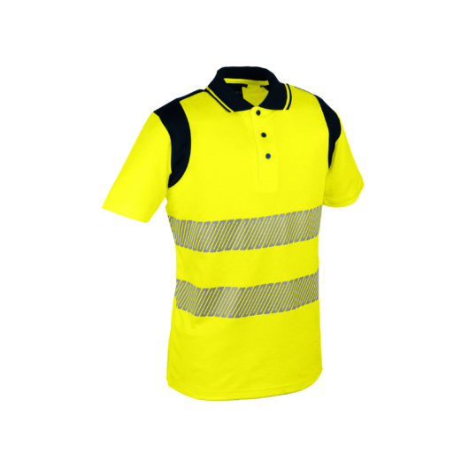 Jólláthatósági pique galléros nyári 150gm2-os póló reflex csikokkal sárga-kék
