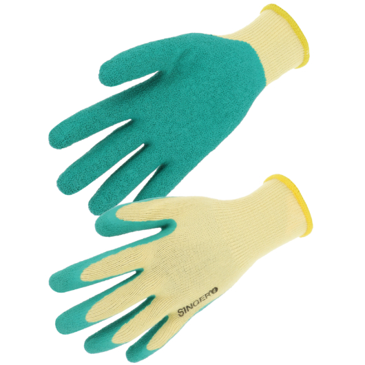 Latex krepp bevonatú tenyérben mártott pamut kesztyű szellőző kézhát zöld/sárga szín